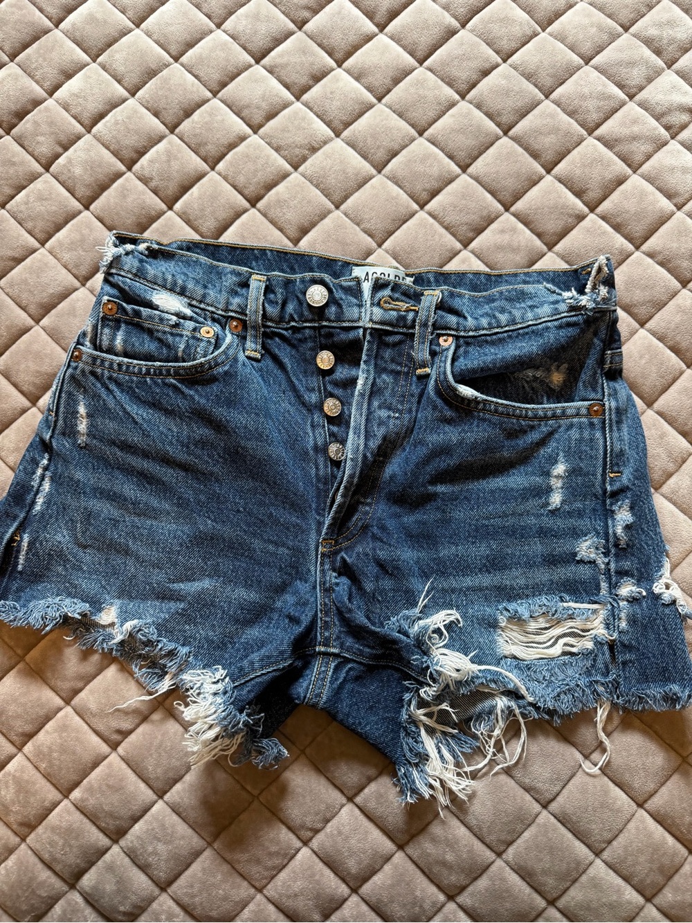 Agolde Distressed Dark Blue Denim Shorts